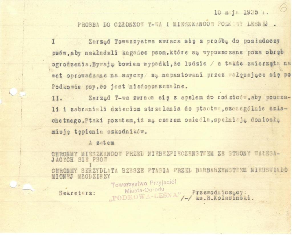 Tło historyczne: Data: maj 1935 Sygnatura 8, strona 6 Prośba do członków Towarzystwa i mieszkańców Podkowy Leśnej.