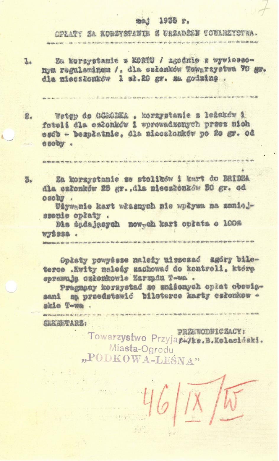 Tło historyczne: Data: maj 1935 Sygnatura 8, strona 7 Opłaty za korzystanie z urządzeń Towarzystwa.