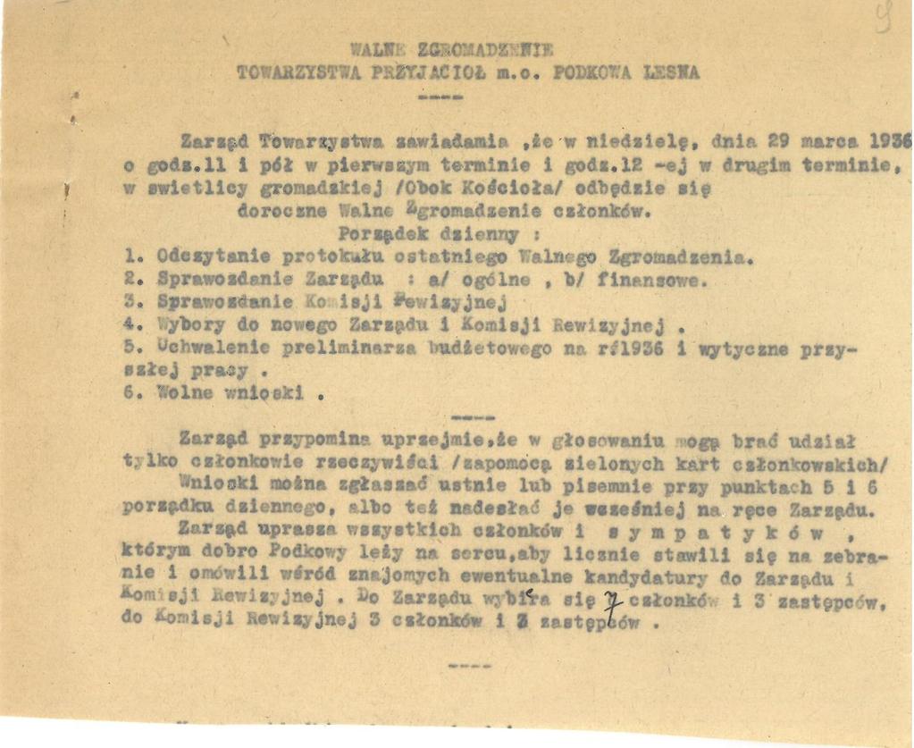 Tło historyczne: Data: maj 1935 Sygnatura 8, strona 9 Walne Zgromadzenie Towarzystwa Przyjaciół Miasta-Ogrodu Podkowa Leśna.