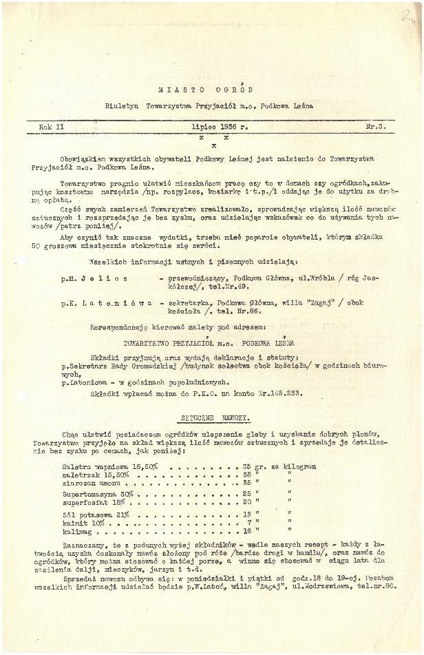Tło historyczne: Data: lipiec 1936 Sygnatura 10, strony 12-13 Biuletyn Towarzystwa Przyjaciół Miasta-Ogrodu Podkowa Leśna Rok II Nr 3