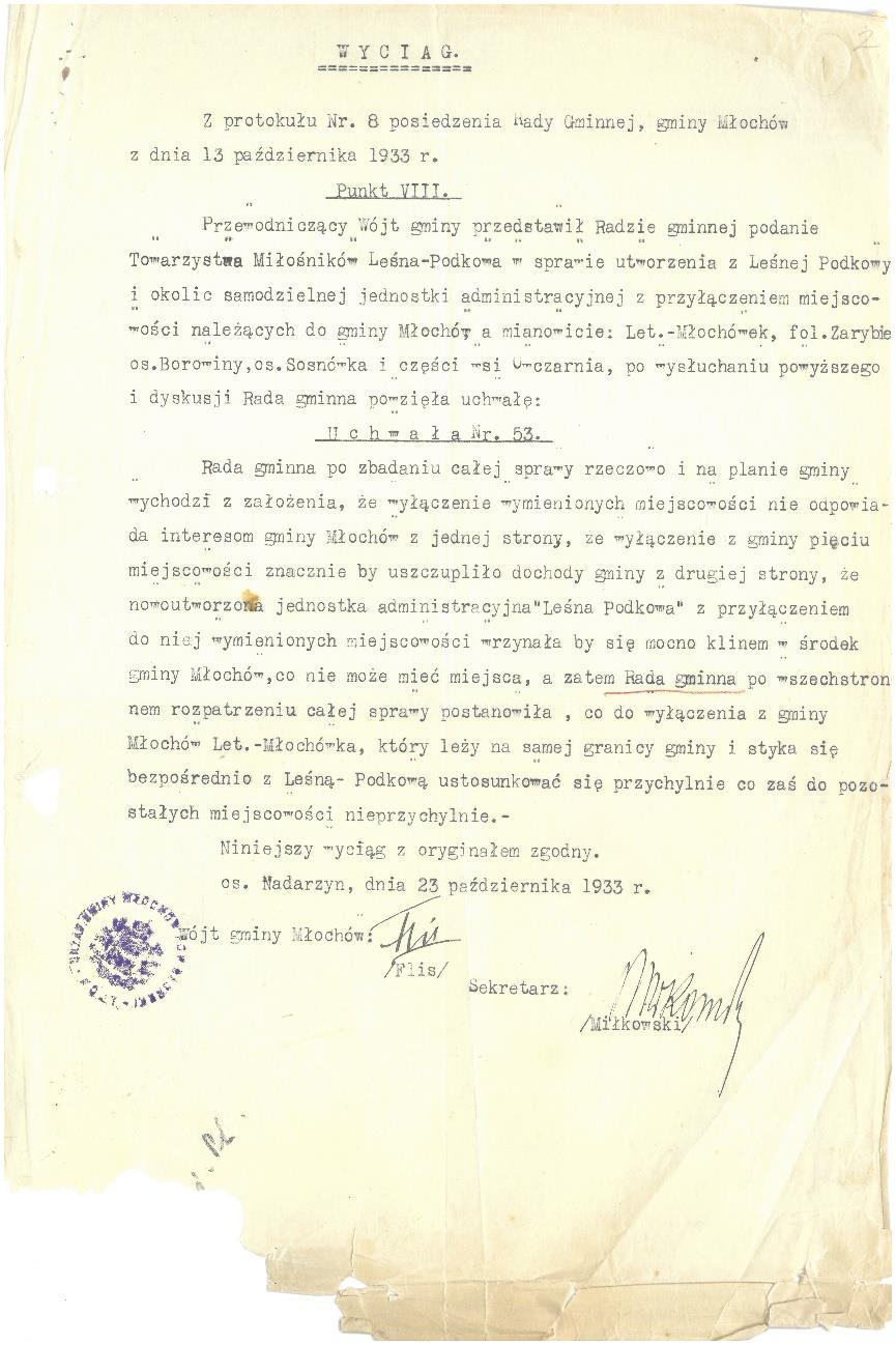 Sygnatura 14, strona 2 Wyciąg z protokołu nr 8 posiedzenia Rady Gminnej, gminy Młochów z dnia 13 października 1933 r.