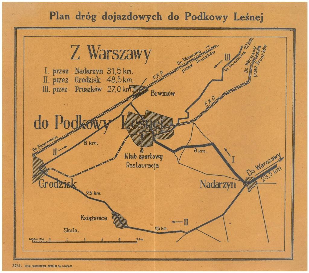 Tło historyczne: Data: ok. 1930 Sygnatura 24, strona 10 Plan dróg dojazdowych do Podkowy Leśnej Plan przedstawia układ drogowy z lat 30.