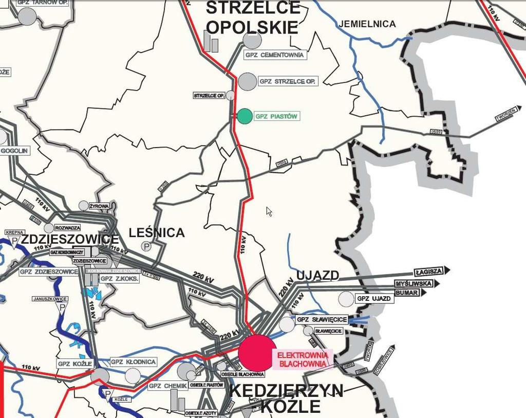 Rycina 34 System zasilania w energię elektryczną wysokich napięć /źródło: Raport o stanie zagospodarowania przestrzennego województwa opolskiego/ Na terenie miasta i gminy Ujazd nie ma