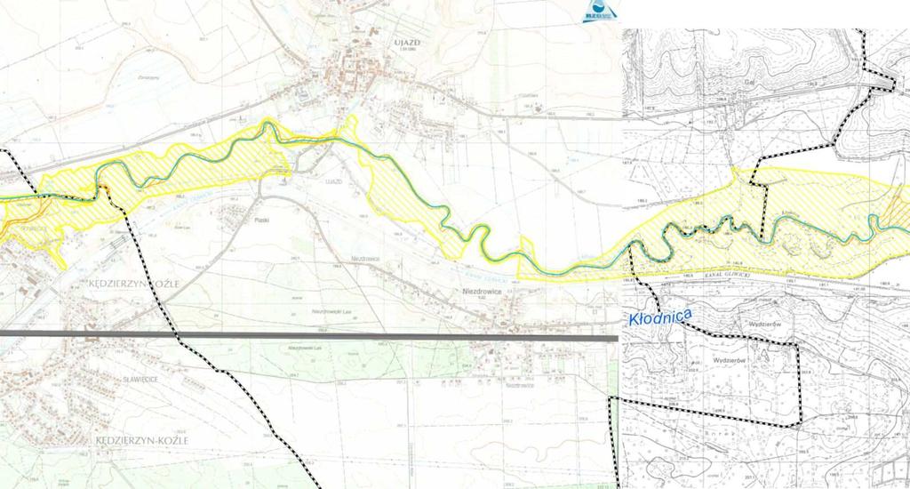 Rycina 35 Teren potencjalnego ryzyka powodzi. /źródło: RZGW Gliwice/ Potok Jordan ma długość całkowitą 6500mb, w tym jest uregulowany na długości 2200mb.