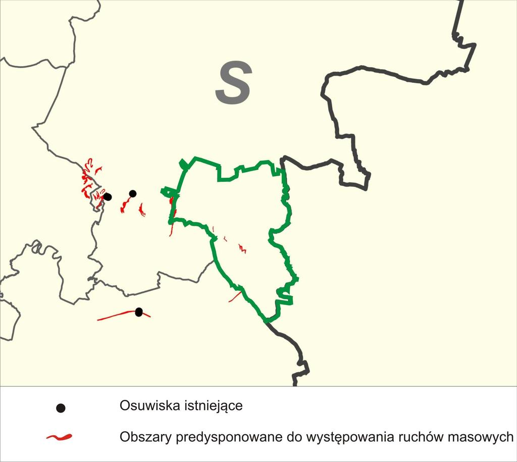 Rycina 36 Przeglądowa mapa osuwisk i obszarów predysponowanych do występowania masowych ruchów ziemi w województwie opolskim.