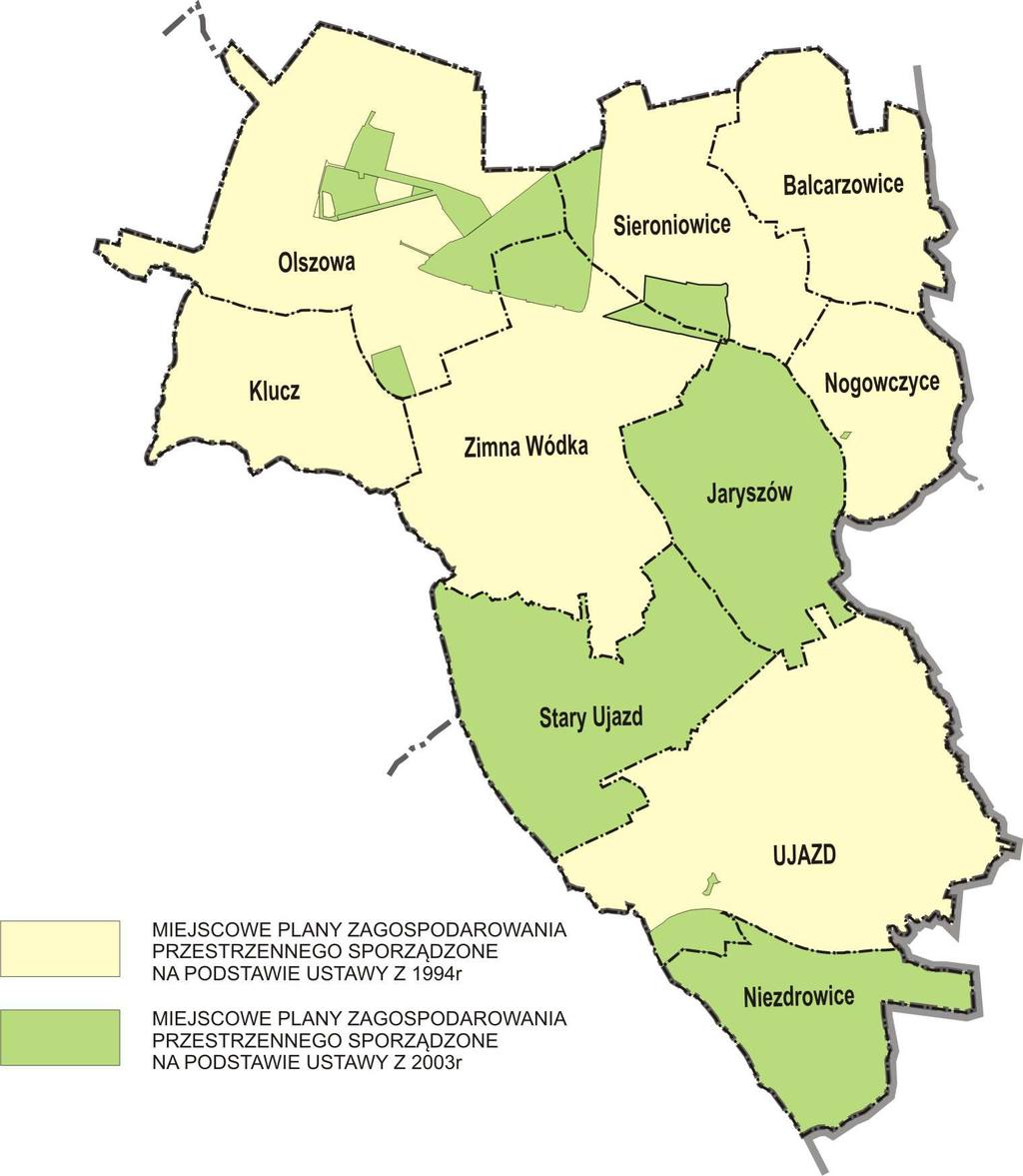 Rycina 39 Struktura przestrzenna miejscowych planów zagospodarowania przestrzennego w gminie Ujazd / opracowanie własne/ Tabela 37 Wykaz miejscowych planów zagospodarowania przestrzennego Lp.