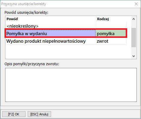 niepoprawna odpłatność), kiedy użytkownik nie ma opakowania, powinien wykonać korektę ALT+K, a