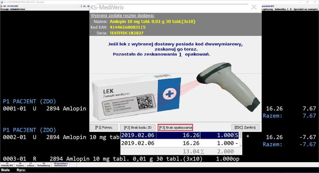 Rysunek 38 Przyczyna usunięcia/korekty - POMYŁKA Następnie podczas ponownej, poprawnej sprzedaży leku w