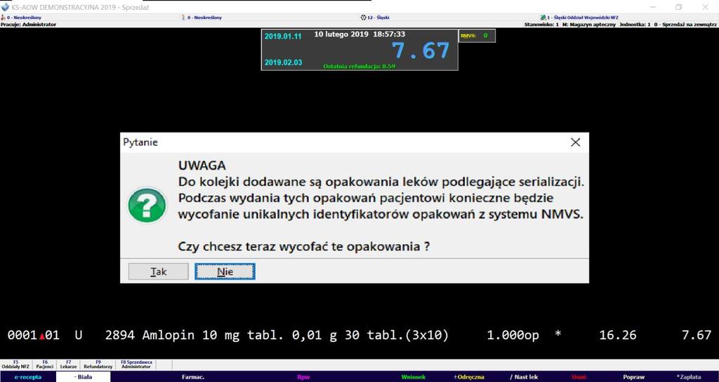 tym etapie zdecydować czy zatwierdzić komunikat przyciskiem TAK (pacjent dostaje opakowania) czy też wybrać odpowiedź NIE (pacjent po odbiór opakowania przyjdzie w innym terminie).