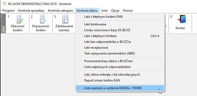 Rysunek 53 Kontrola leków - Lista operacji w systemie KOWAL/NMVS Z poziomu okna OPERACJE W SYSTEMIE KOWAL/NMVS możemy wykonać takie same czynności jak w tym