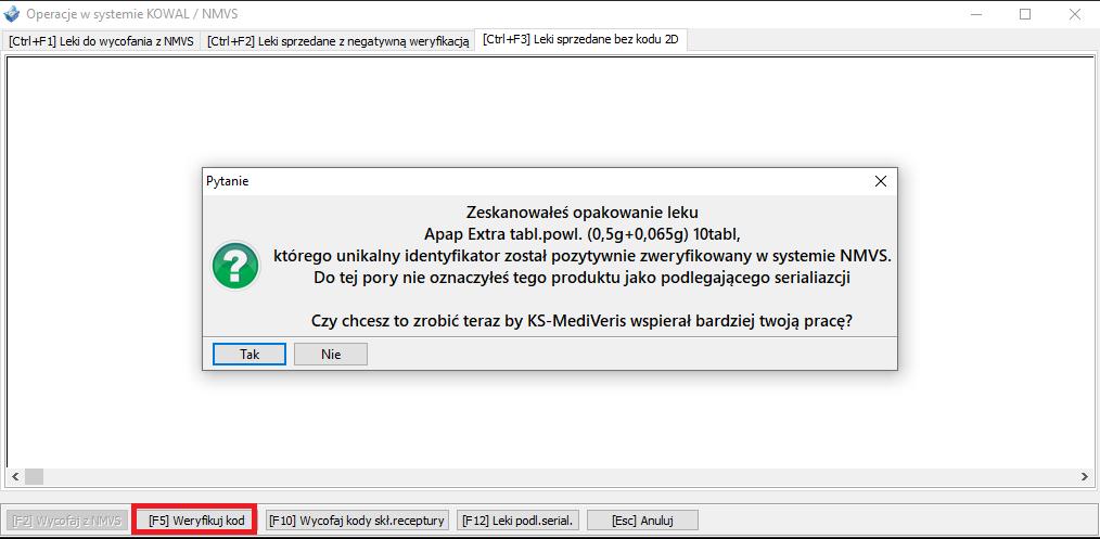 W sytuacji, gdy farmaceuta rozpocznie sprzedaż od zeskanowania kodu 2D z opakowania, a na karcie leku nie będzie zaznaczonego wskaźnika PODLEGA SERIALIZACJI, program po dokonaniu zapłaty i po