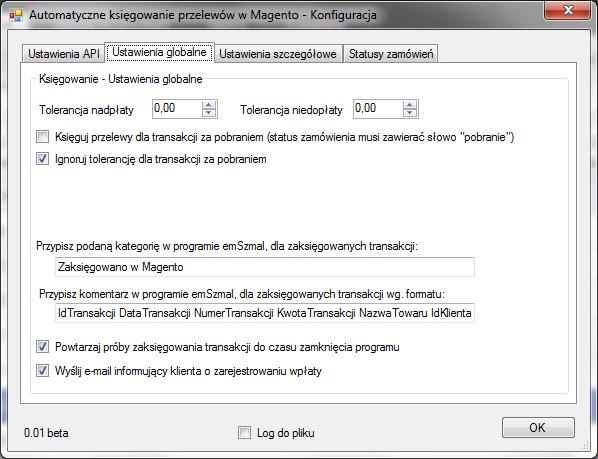 Konfiguracja połączenia ze sklepem Magento 1. W okienku konfiguracji, w polach <Adres API> i <Klucz API> podaj odpowiednio: - adres do usługi sieciowej, czyli <adres_twojego_sklepu>/emszmalapi.