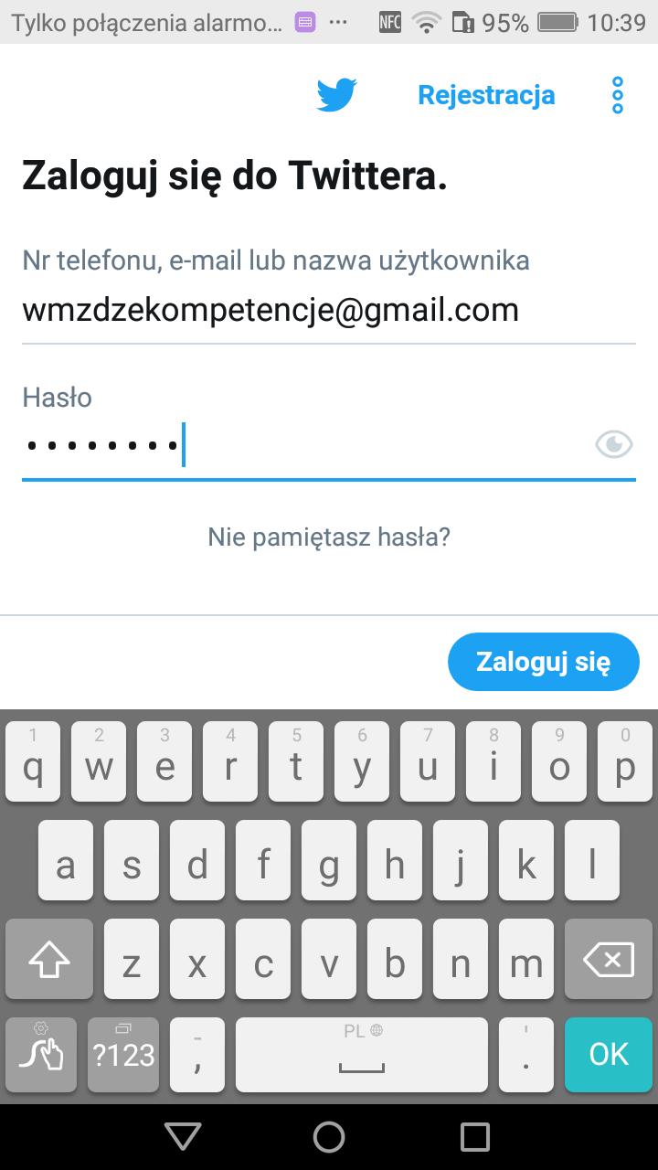 Twitter zakładanie konta Wpisujemy podany podczas rejestracji e-mail oraz