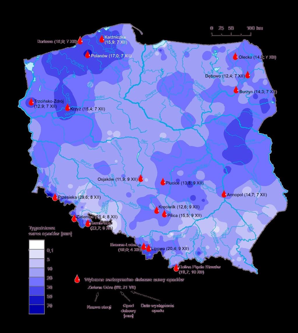 3. Rozkład tygodniowej sumy opadów oraz wybrane