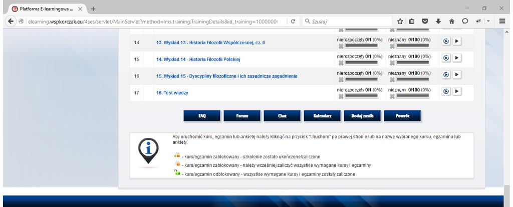 wykładów znajduje się sześć przycisków: FAQ, Forum, Chat, Kalendarz, Dodaj zasób oraz Powrót.