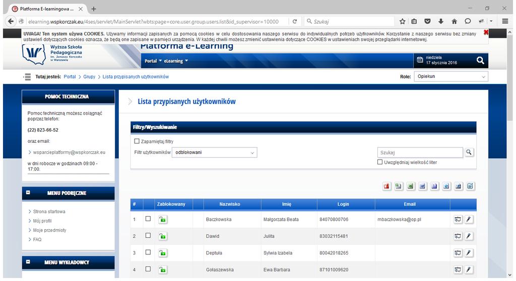 2.1 Rola Opiekun [Wykładowca] Wykładowca zaraz po zalogowaniu otrzymuje rolę Opiekun.