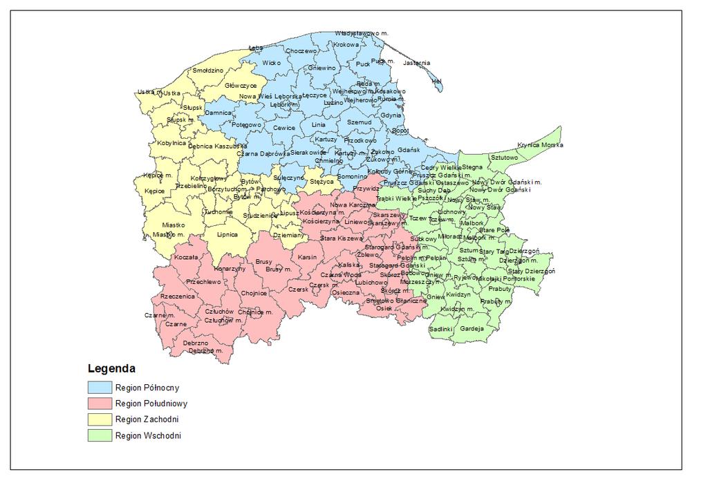 Dokonano podziału województwa na 4 regiony gospodarki odpadami komunalnymi: 1. Region Północny, 2. Region Południowy, 3. Region Zachodni, 4. Region Wschodni.