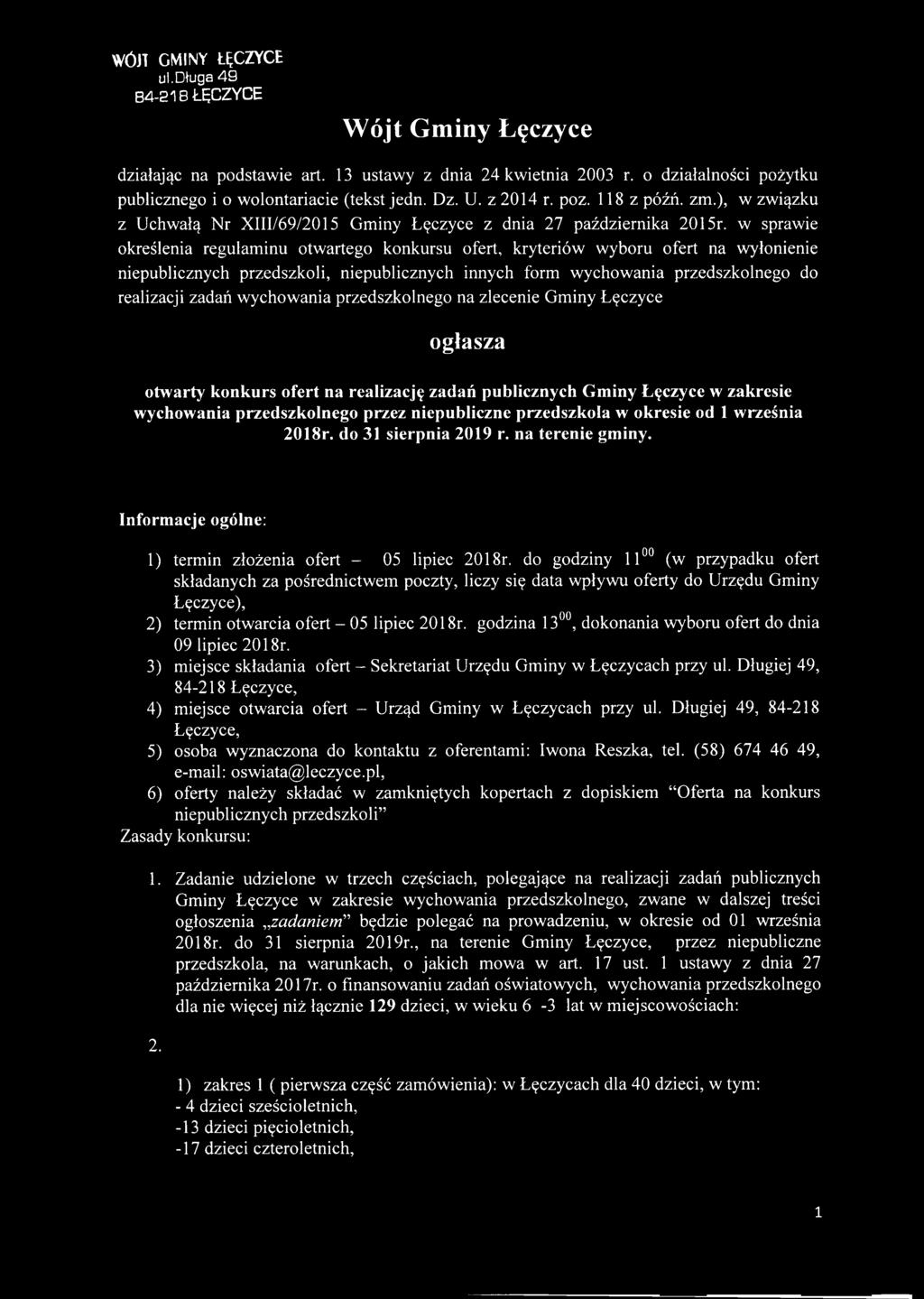 w sprawie określenia regulaminu otwartego konkursu ofert, kryteriów wyboru ofert na wyłonienie niepublicznych przedszkoli, niepublicznych innych form wychowania przedszkolnego do realizacji zadań