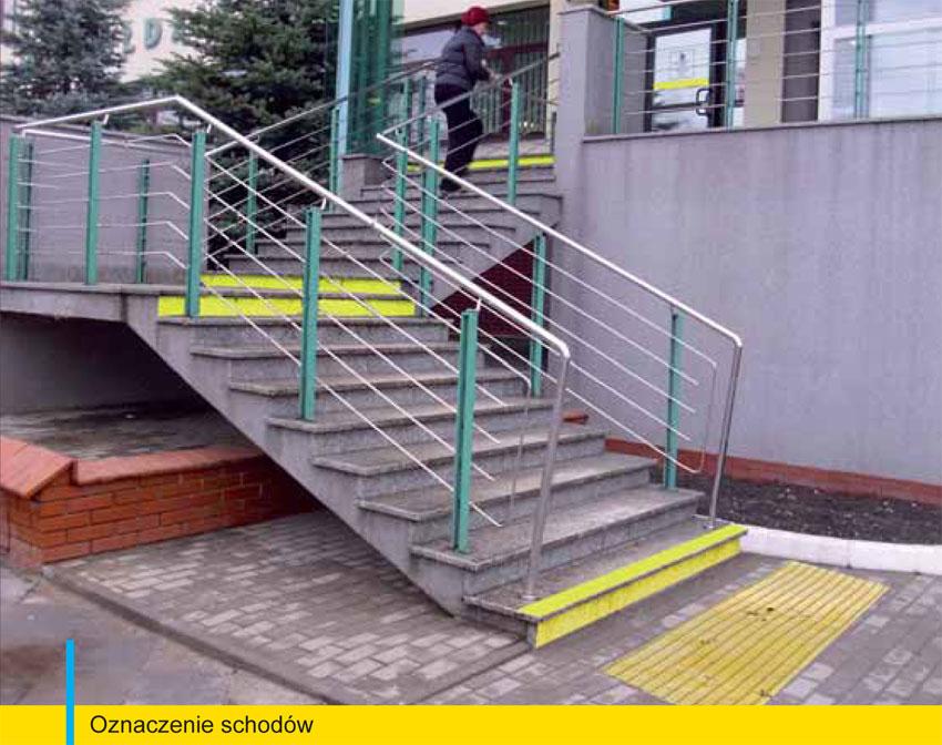 Średnica poręczy zarówno schodów jak i pochylni powinna się mieścić między 30 a 40 mm, na wysokości: przy schodach 800 i 1100 mm, a przy pochylniach 750 i 900 mm, poręcze powinny być w kolorze
