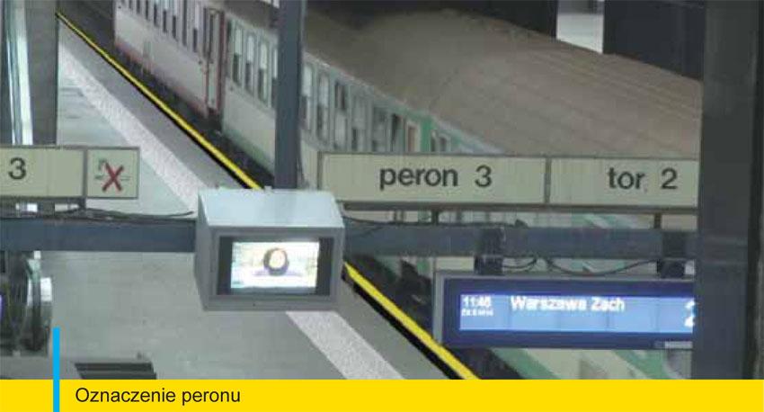 odległości 0,60 m od krawędzi peronu należy zamontować oznakowanie dotykowe-pas ostrzegawczy szerokości 0,50 m±0,01 połączony z odpowiednim pasem prowadzącym do schodów oraz dźwigów osobowych;