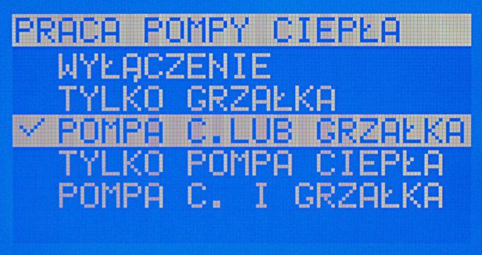 WYŁĄCZENIE TYLKO GRZAŁKA Wyłączenie. Pompa ciepła jest wyłączona. Regulator utrzymuję temepraturę zadaną zasobnika za pomocą grzałki. POMPA C.