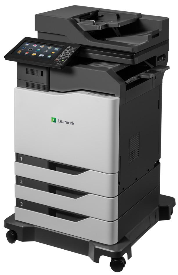 Seria Lexmark CX825 Kolorowe urządzenie wielofunkcyjne oferujące wymaganą w przedsiębiorstwach prędkość drukowania do 52 stron na minutę 3, z opcjonalnym modułem wykańczającym klasy biznesowej