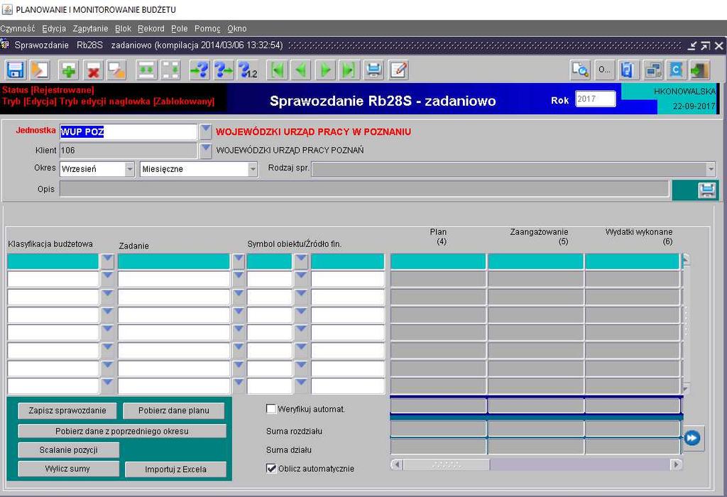 5. Sprawozdanie Rb-28S sprawozdanie z wykonania planu wydatków budżetowych samorządowej jednostki budżetowej/ jednostki samorządu terytorialnego Obraz ekranu 10 Sprawozdanie jednostkowe Rb-28S 1) W