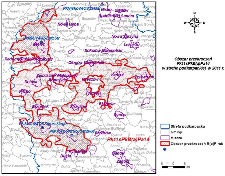 Rysunek 2 Obszar przekroczeń poziomu docelowego B(a)P/rok Pk11sPkB Źródło: Aktualizacja Programu Ochrony Powietrza dla strefy podkarpackiej Zgodnie z przedstawionymi w Aktualizacji Programu Ochrony