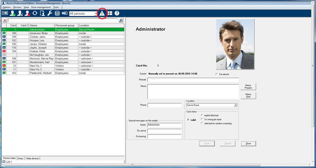 Access Professional Edition Zarządzanie alarmami pl 7 3 Zarządzanie alarmami To okno dialogowe można otworzyć w widoku Personnel Management (Zarządzanie personelem), klikając przycisk. Uwaga!