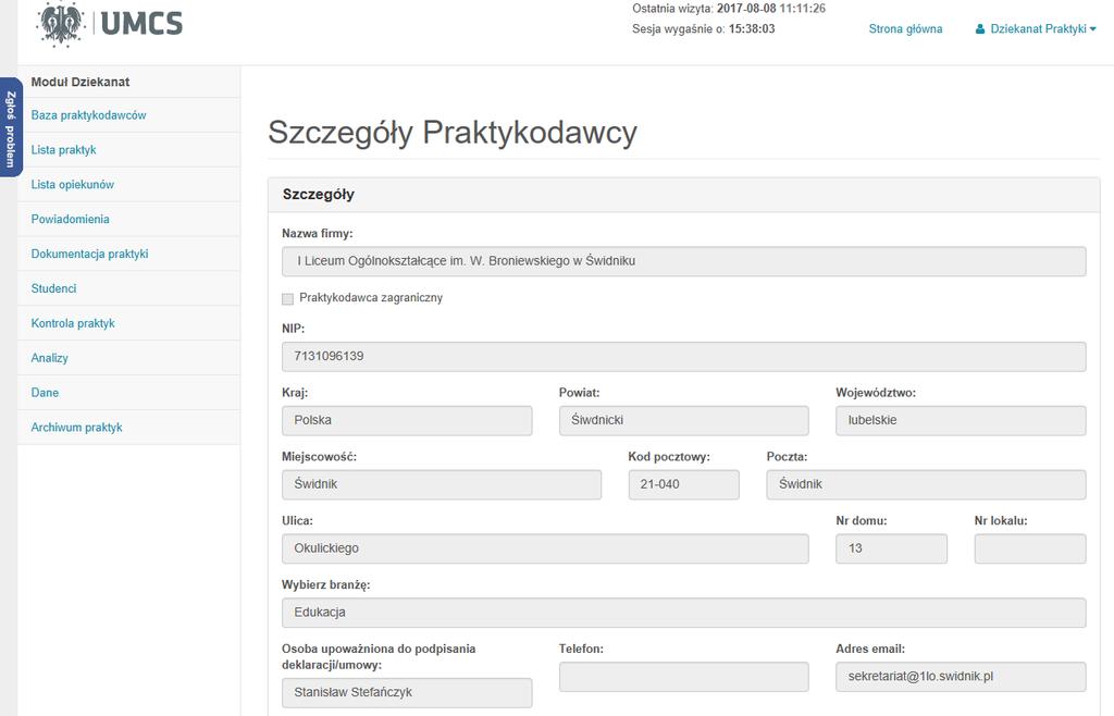 3. Następnie zostaną wyświetlone dane rejestrowe tego Praktykodawcy, a w dolnym polu widoku okno