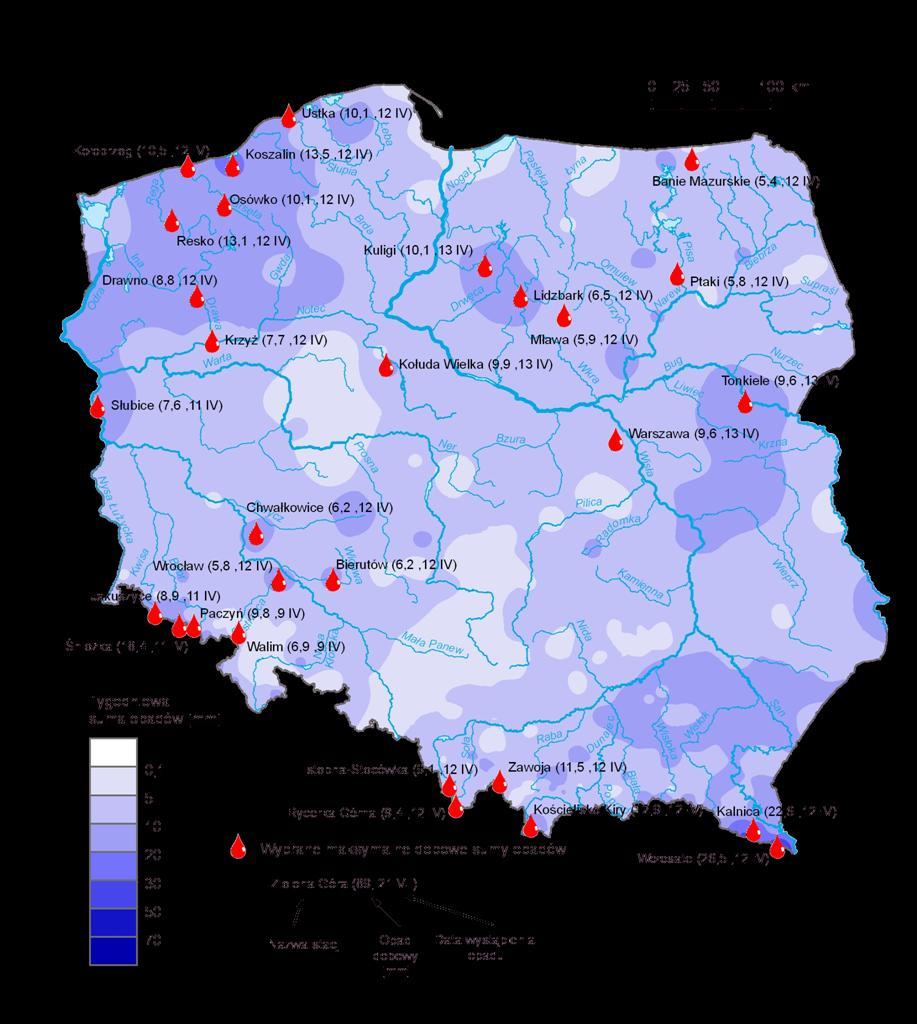 3. Rozkład tygodniowej sumy opadów oraz wybrane