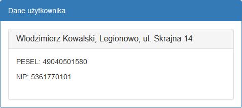 Korzystanie z usługi Dane użytkownika Pole wyświetla podstawowe informacje o zalogowanym użytkowniku.