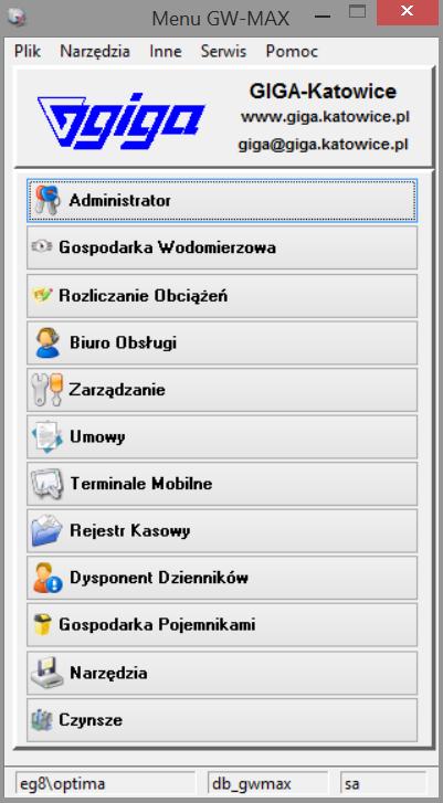 moduły dostępne dla uzytkownika. Uruchomienie poszczególnych modułów następuje po wybraniu z menu konkretnego przycisku.