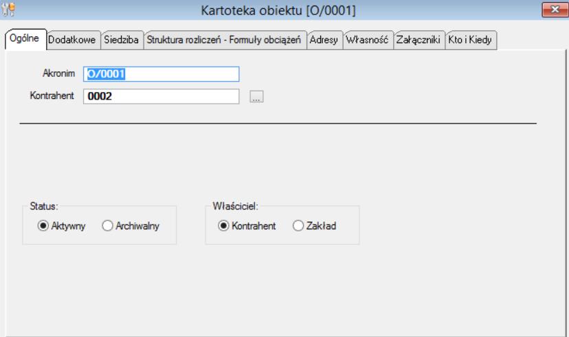 Kartoteka obiektu może być zakładana w trakcie definiowania kartoteki kontrahenta (operacja opisana wcześniej) obiekt