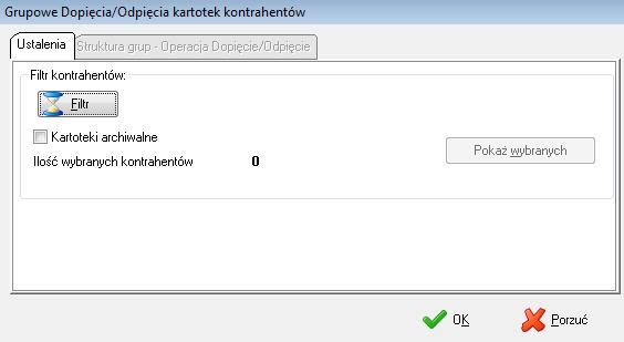 OPERACJE W menu głównym po wybraniu opcji Operacje wyświetlane są dwie funkcje: GRUPOWE DOPIĘCIE/ODPIĘCIE KONTRAHENTÓW Funkcja ta umożliwia w sposób seryjny dopięcie wielu kontrahentów do wybranej