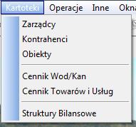 Menu główne, ikony, pasek narzędzi Menu główne zawiera opcje: PLIK WYJŚCIE zamknięcie wszystkich okien i wyjście z modułu EDYCJA zawiera standardowe opcje: WYTNIJ, KOPIUJ, WKLEJ, KARTOTEKI: ZARZĄDCY