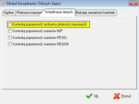 Dodatkowo w konfiguracji modułu na zakładce Weryfikacja danych możliwe jest włączenie opcji kontroli poprawności rachunków płatności masowych.