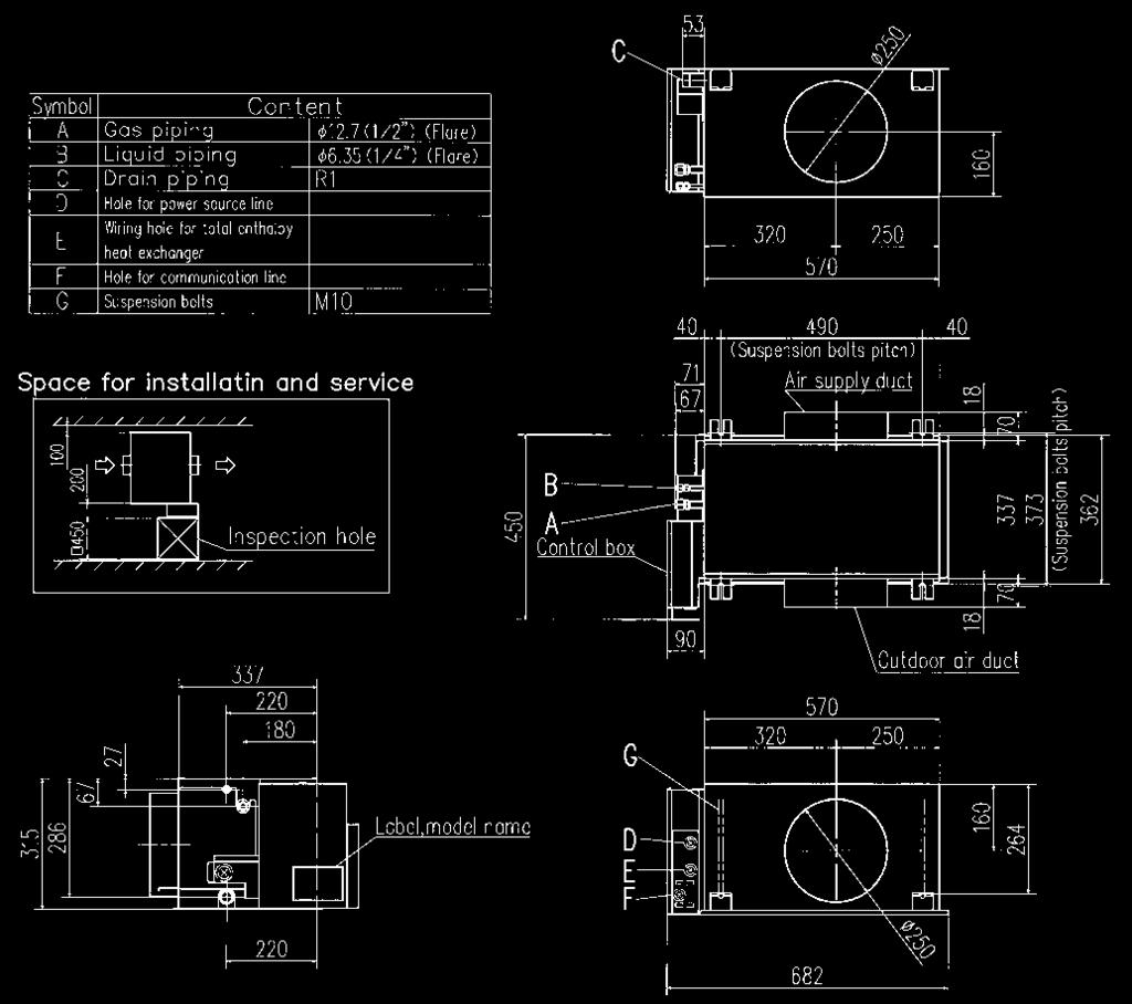 Tabliczka informacyjna Skrzynka elektr. Rozstaw śrub mocujących Kanał powietrza nawiewanego Rozstaw śrub mocujących Kanał powietrza zewnętrznego Symbol Opis Rurociąg gazowy Ø12.