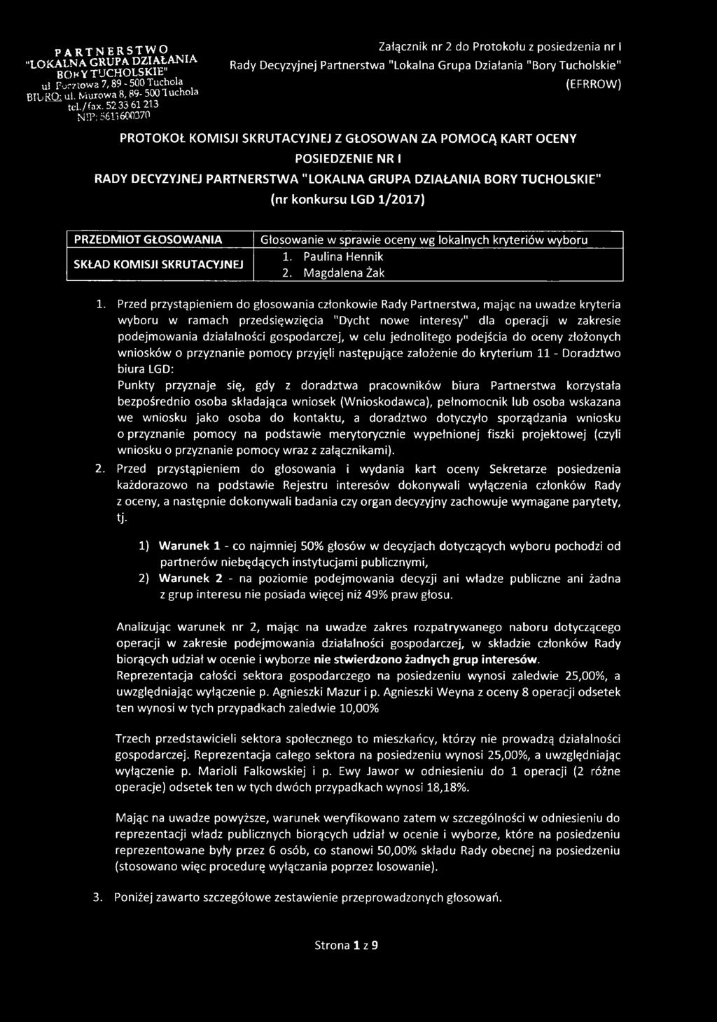 DZIAŁANIA BORY TUCHOLSKIE" (nr konkursu LGD 1/2017) PRZEDMIOT GŁOSOWANIA SKŁAD KOMISJI SKRUTACYJNEJ Głosowanie w sprawie oceny wg lokalnych kryteriów wyboru 1. Paulina Hennik 2. Magdalena Żak 1.