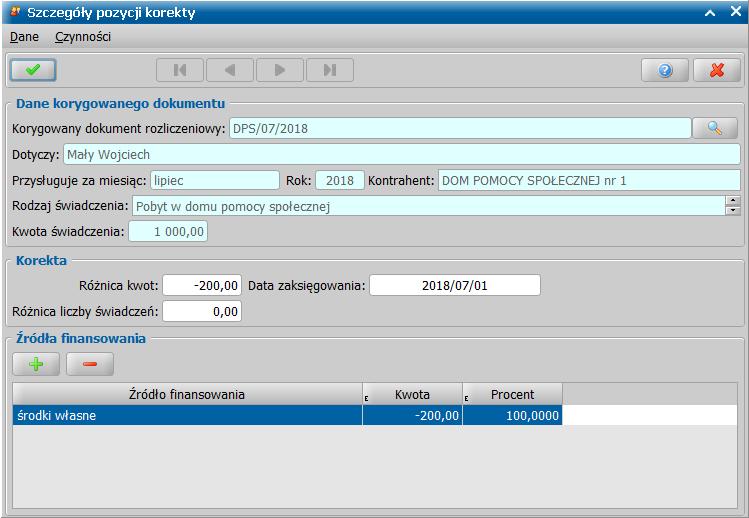 Korzystając z ikony modyfikacji, można zmienić podział źródeł finansowania