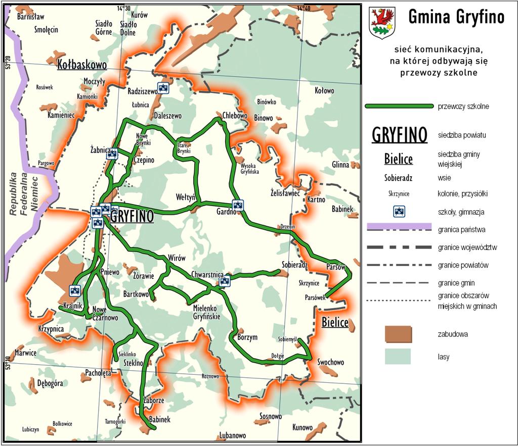 Rys. 4.2.1. Sieć komunikacyjna na której odbywają się przewozy szkolne. 4.3. Regionalny osobowy transport kolejowy Przez teren Gminy Gryfino przebiega linia kolejowa nr 273.
