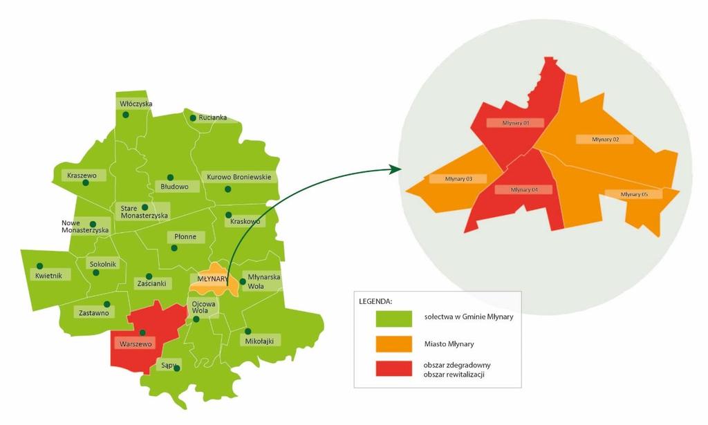 Grafika 19 Obszar zdegradowany i obszar rewitalizacji na tle całej Miasta i Gminy Młynary Źródło: opracowanie własne 4.