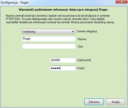 Po przejściu Dalej otwiera się okno, w którym wprowadzamy informacje dotyczące integracji Serwer integracji komputer,