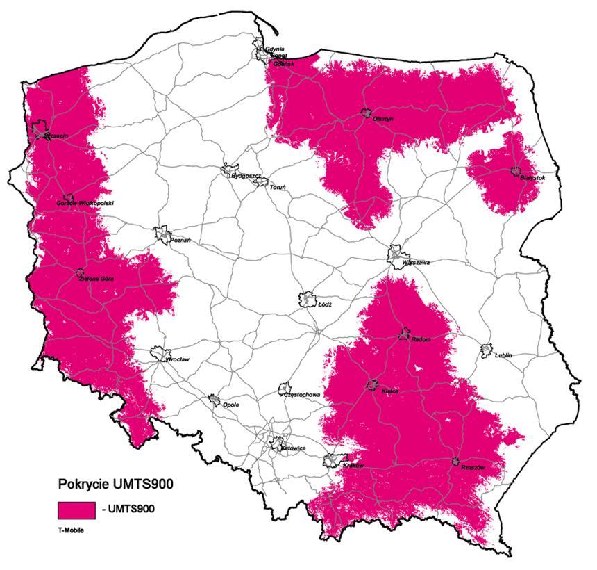 MOCN UMTS 900 Obecny zasięg: Pokrycie na zewnątrz budynków (obszar) 37% Pokrycie na zewnętrz budynków (populacja) 31% Obszar działania UMTS 900 (już 2287 stacji!