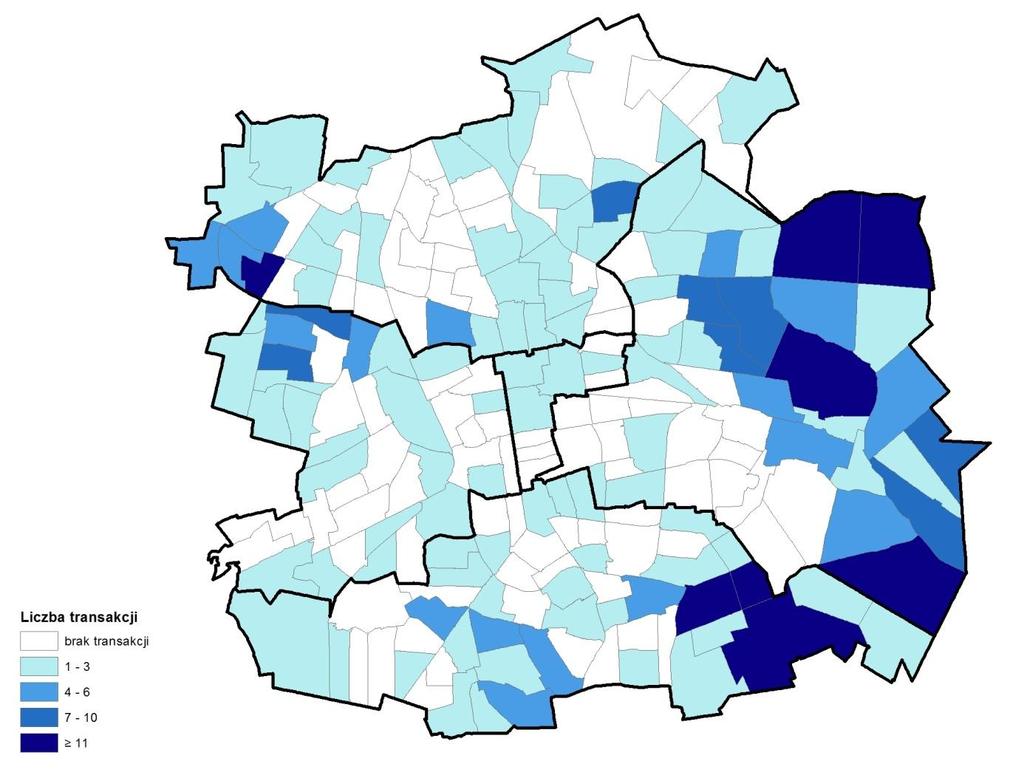 15 niezabudowanych nieruchomości gruntowych. W obrębie G-31 zaobserwowano 14 zbytych nieruchomości, zaś w obrębie B-39-11 transakcji.