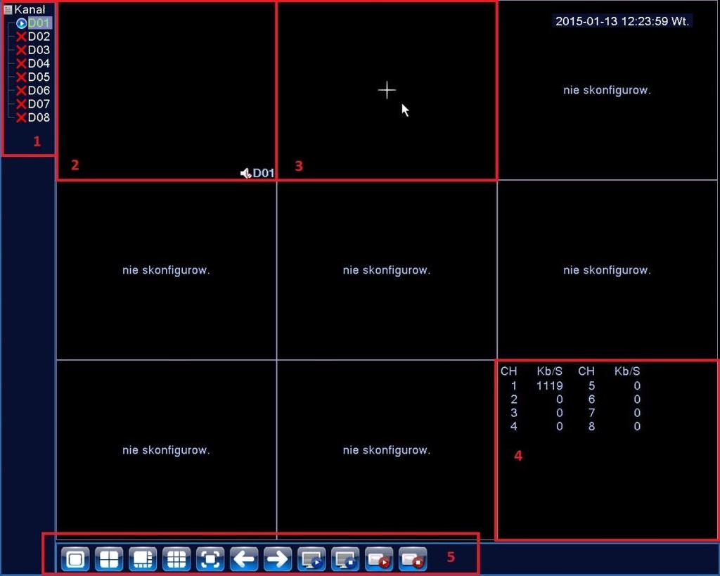 2.9 Ekran Główny Po włączeniu rejestratora naszym oczom ukazuje się ekran główny. Zawiera on następujące elementy: 1.