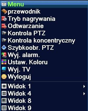 Po kliknięciu prawym klawiszem myszy na ekran główny wyświetla się lista akcji. Menu Przewodnik Tryb nagrywania Odtwarzanie Kontrola PTZ Kontrola koncentryczny Szybkoobr. PTZ Ustaw. Koloru Wyj.