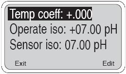 7.3 KOMPENSACJA TEMPERATURY ROZTWORU (ciąg dalszy) 2. Pozycja menu Współczynnik temperatury (Temp. Coeff) Izopotencjał roboczy (Isopotential ph) Izopotencjał czujnika Opcje -0.044 do 0.028 ph/ o C (0.