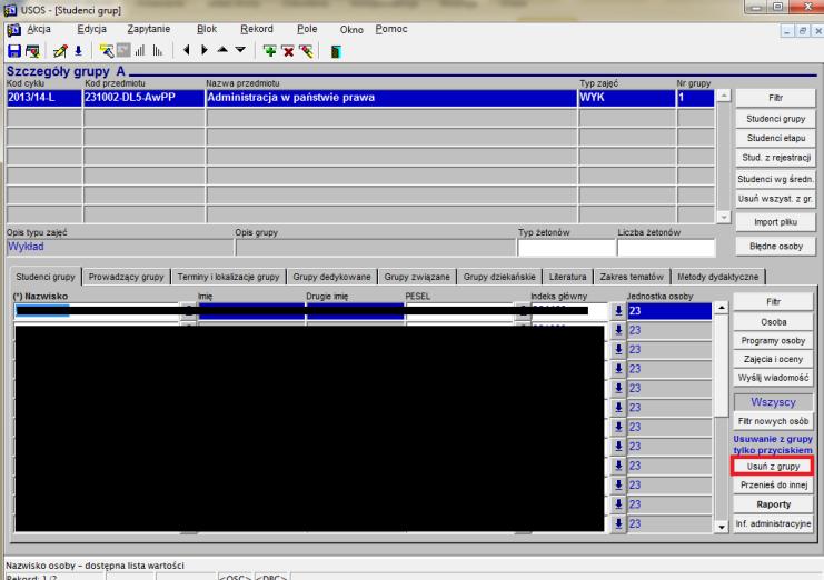 W celu usunięcia studenta z grupy używamy przycisku Usuń z grupy (Rys. 10) Rys.