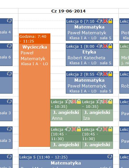 Krok 5. Tak wygląda umieszczona w planie lekcji wycieczka z odwołanymi nachodzącymi zajęciami. UWAGA!